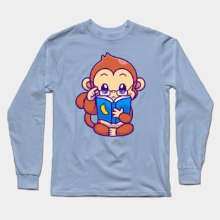 Cute Monkey Reading Book Banana With Glasses Cartoon Long Sleeve T-Shirt